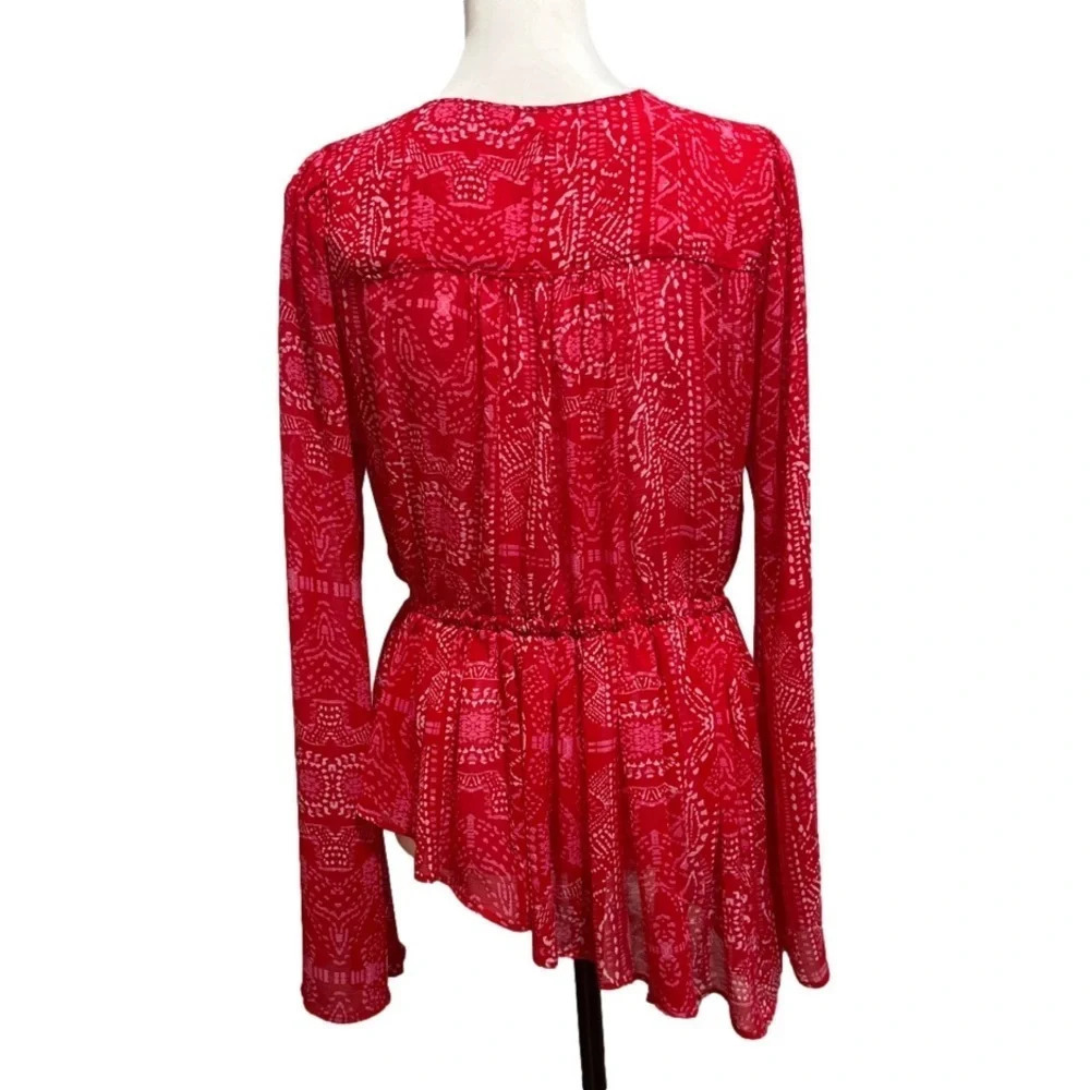 Free People Blouse. Red Sheer Asymmetrical Bell Sleeve. Medium. - Picture 2 of 9